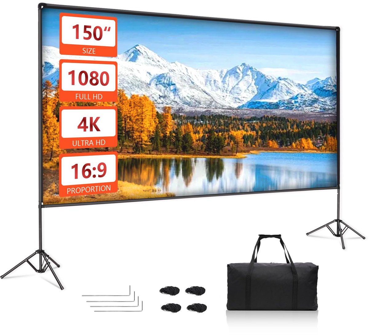 SnelShoppen - Beamer-scherm met Statief 150 inch Draagbaar Projectiescherm 16:9 HD voor Feest, Camping, Tuin en Binnengebruik
