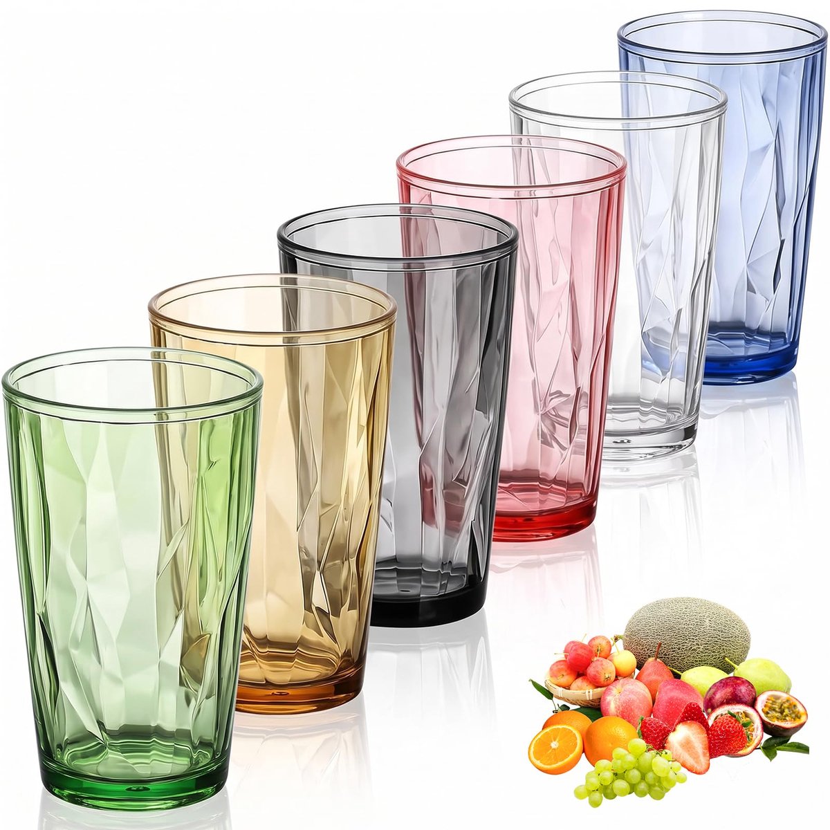 SnelShoppen - Set van 6 kleurrijke waterglazen van kunststof, 490 ml, herbruikbare acryl drinkglazen voor warme en koude dranken, stapelbaar, ideaal v