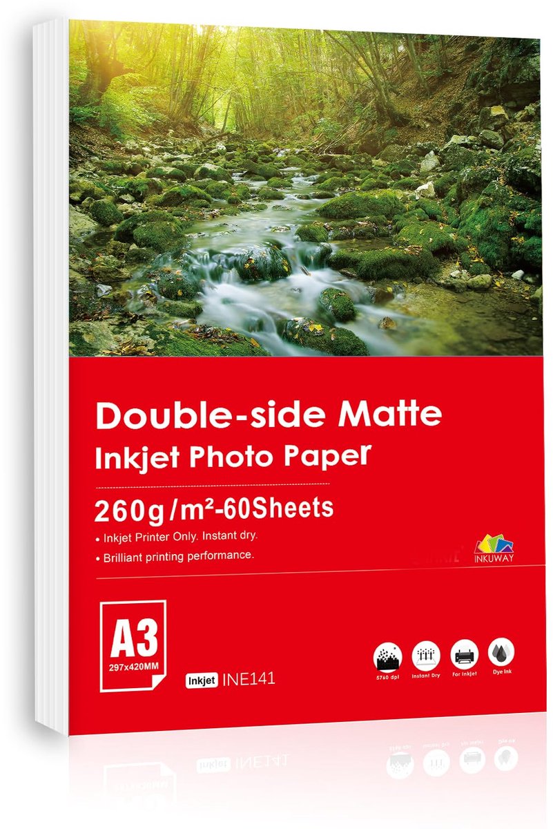 SnelShoppen - A3 Dubbelzijdig Mat Fotopapier 260 g/m2 - 60 Vellen Inkjetpapier voor Menu, Kalender, Creatief Gebruik, Hoogwaardige Afdrukken