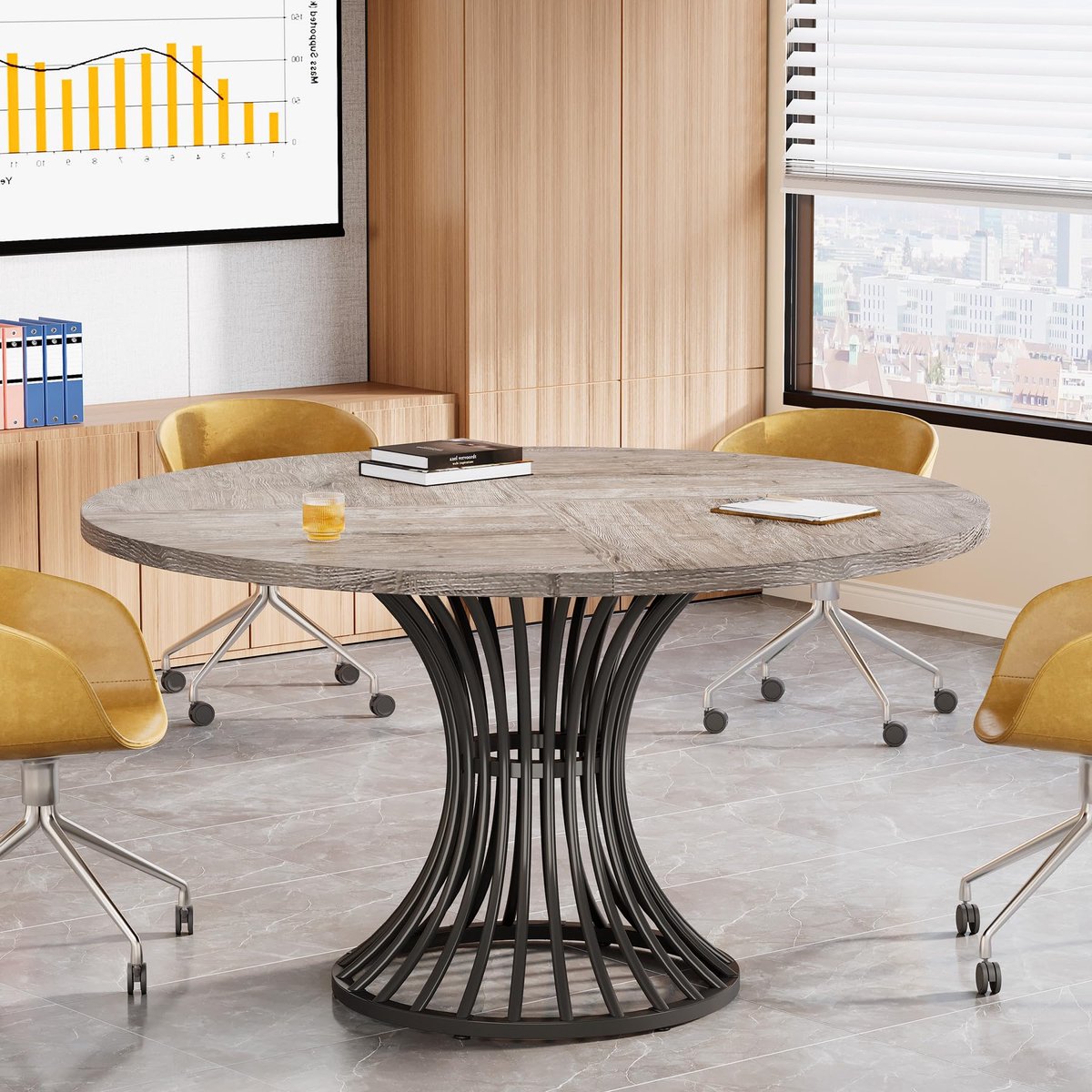 LITTLE TREE Ronde Vergadertafel - 120 cm voor 4-6 personen - Verdikt bovenblad met metalen onderstel - Industrieel model voor kantoor vergaderruimte - Grijs
