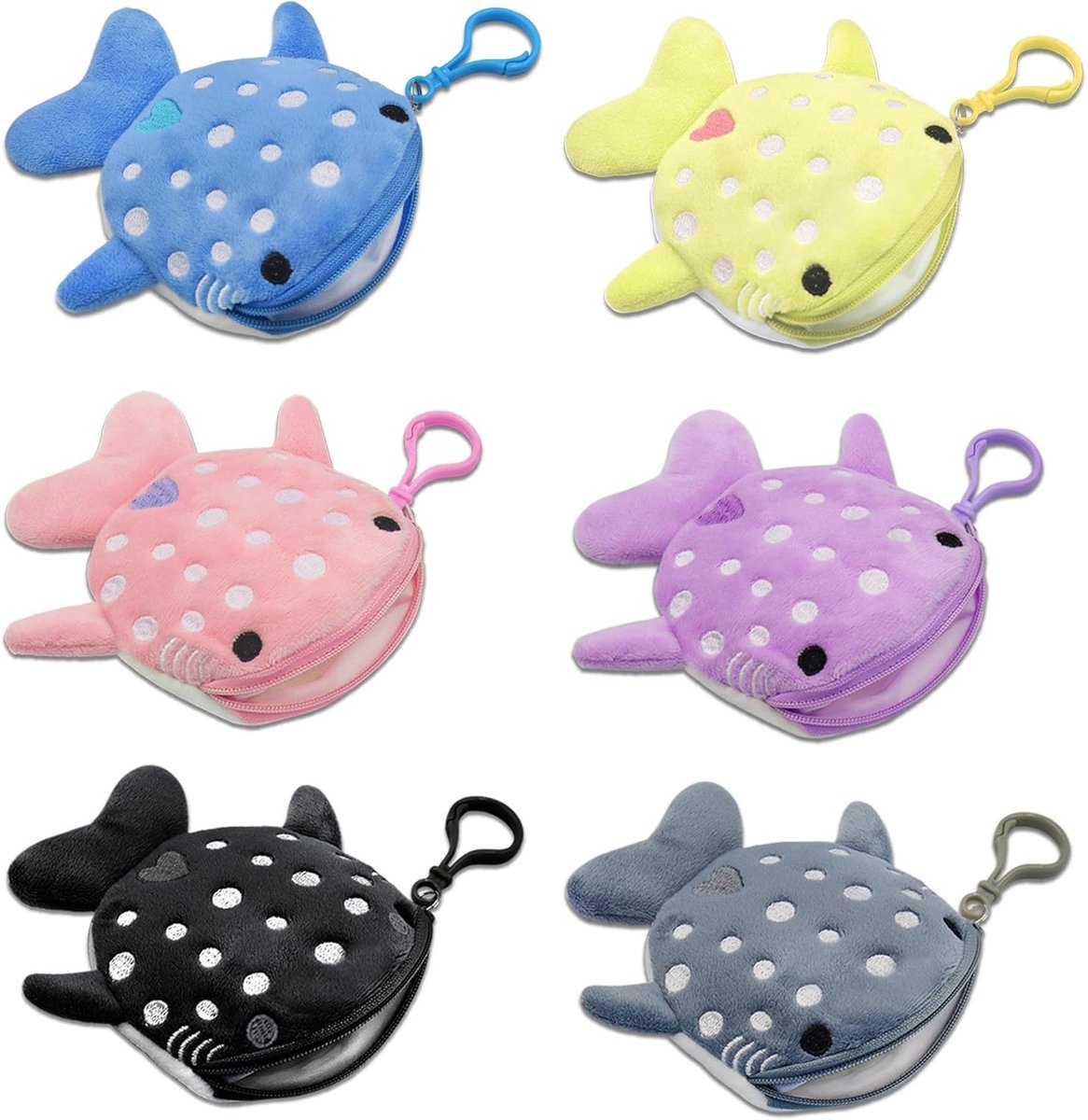 Schattige walvishaai muntenportemonnees in 6 kleuren, pluche sleutelhanger en rits, kleine visportemonnee met dubbele lus haak voor feestartikelen en cadeau's, 6 stuks