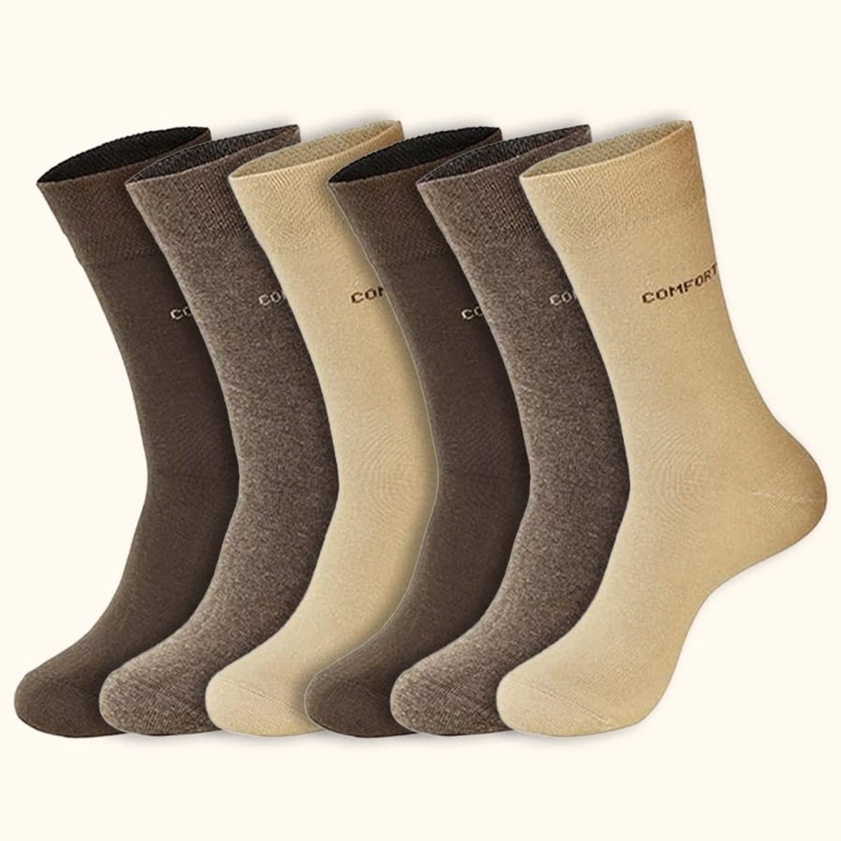 6 paar Comfort Sokken - maat 43-46 - diabetes sokken – Katoen – Beige Bruin Kleuren Mix – Drukvrije boord – Naadloos