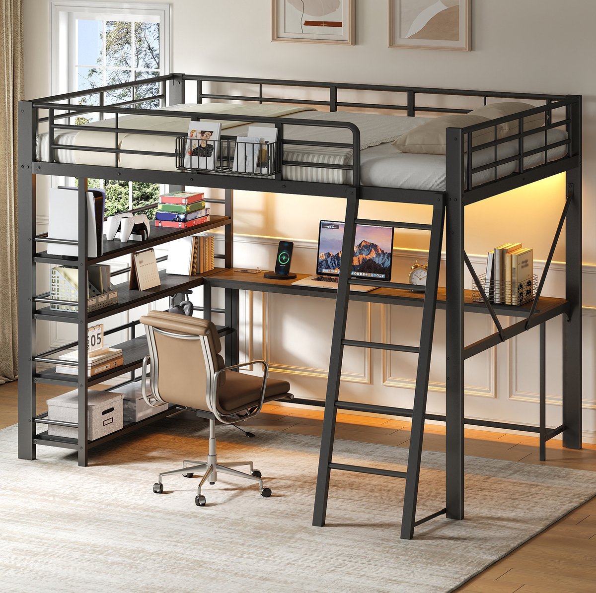 STILVORA Hoogslaper 140x200cm Met Bureau en Opbergruimte – LED Verlichting en Oplaadstation – Metaal – Zwart – Zonder Matras