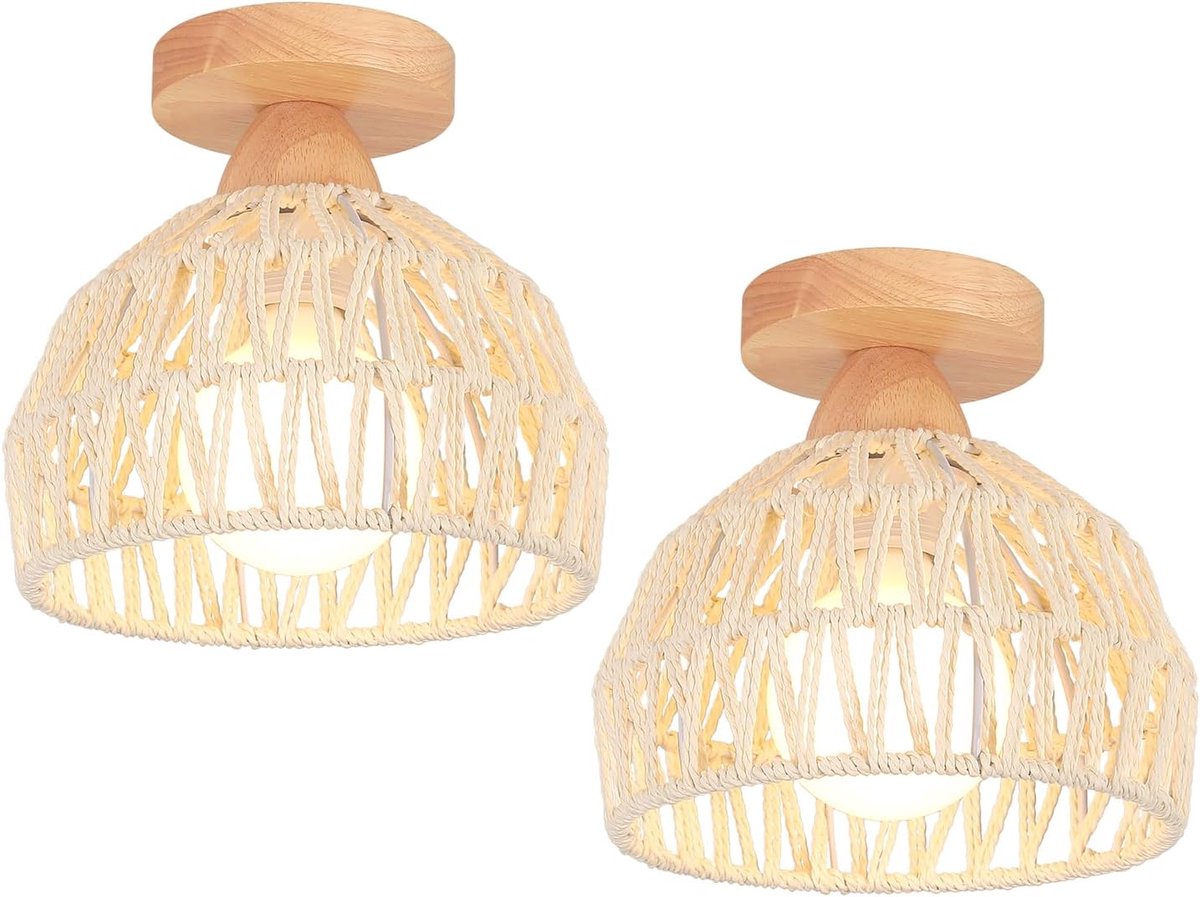 SnelShoppen - 2 Stuks Vintage Kroonluchter Ø 20 cm Houten Plafondlamp met Rotan Lampenkap - Industriële Retro E27 Verlichting voor Slaapkamer, Woonkam