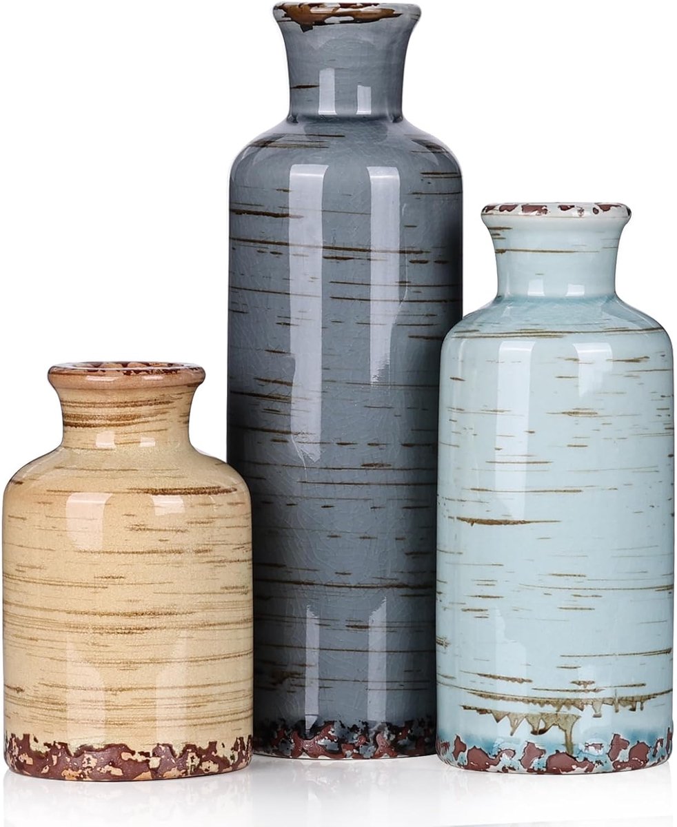 Thijox - Set van 3 Keramische Vazen - Moderne Boerderij Boho Bloemenvazen - Rustieke Aardewerk Vazen voor Tafelstukken - Woonkamer Decoratie - Bruine