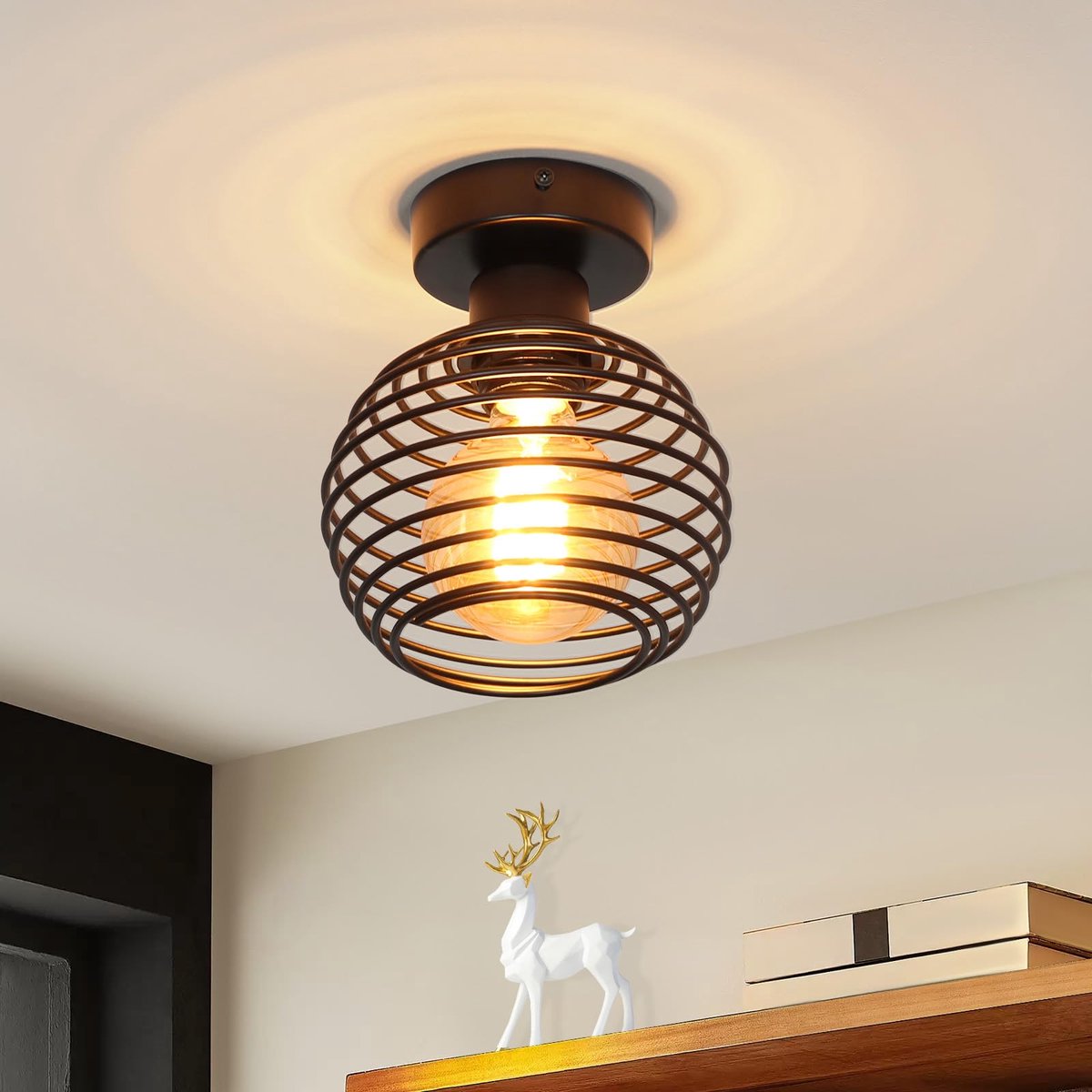 SnelShoppen - Vintage Plafondlamp Retro Zwart E27 Fitting max. 40W - Industriële Kroonluchter Ø160mm - Metalen Lampenkap voor Gang, Balkon, Keuken