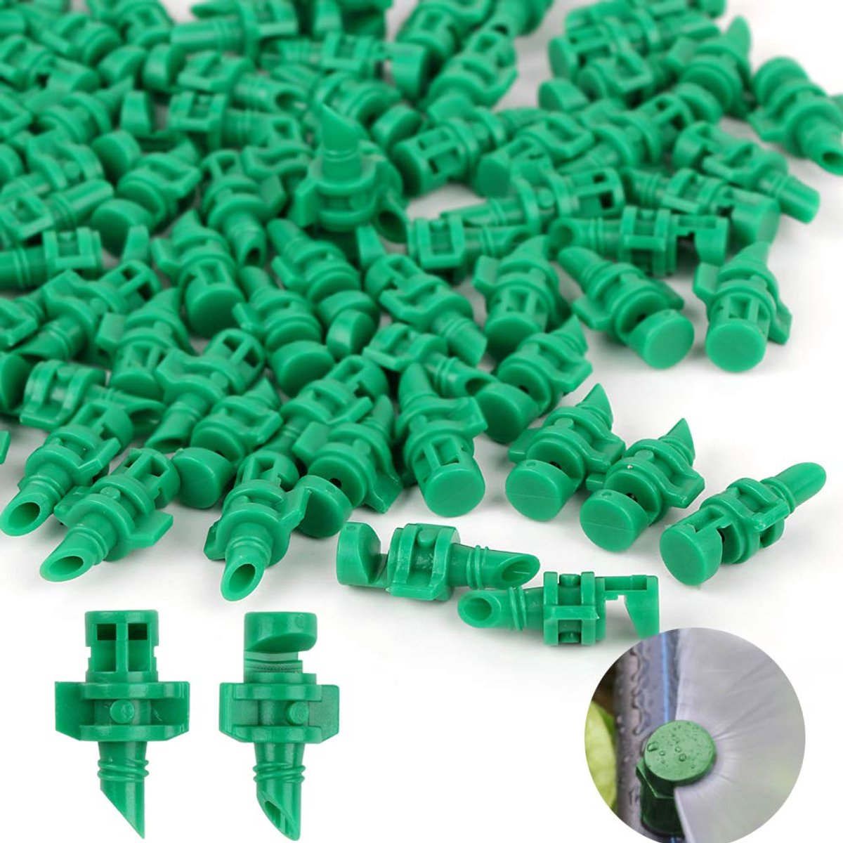 Verpakking van 100 mini 180 graden sproeiers, minisproeiers voor tuin, druppelirrigatiesysteem, boomgaard, landbouw