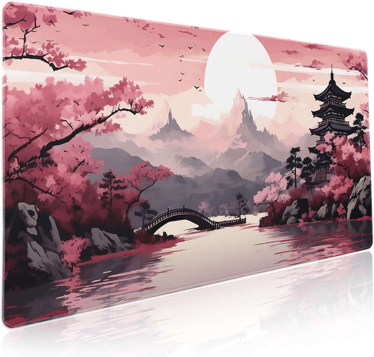 SnelShoppen - Gaming-muismat XXL Japanse Sakura Roze Kersenbloesemtoren Berglandschap Antislip Rubberen Basis Gestikte Randen Perfect voor Gamers