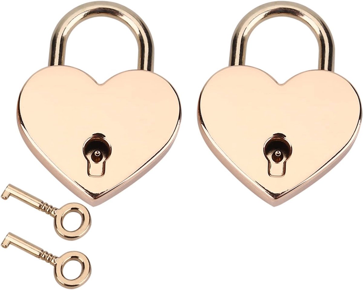 Roségouden hartvormig hangslot met vintage sleutelontwerp, geschikt voor sieradendozen en agenda's. 2 sets beschikbaar in metaal.