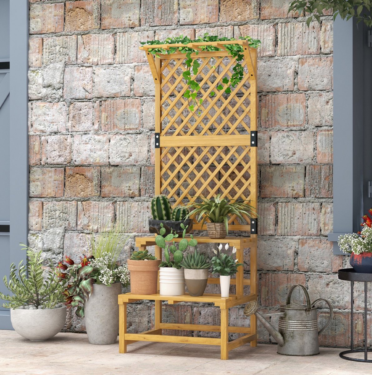 Plantenstandaard Met Klimrek Voor Tuin En Terras – 2 Lagen – Hout – Geel – 60 x 50 x 166 cm – Voor Planten En Klimplanten