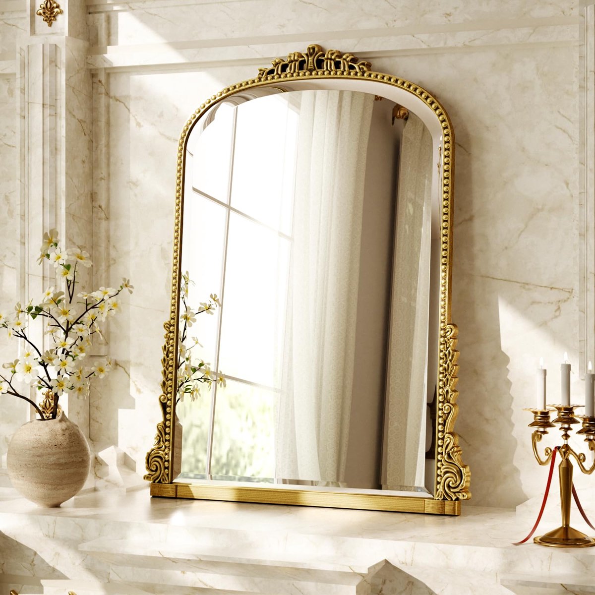SnelShoppen - Vintage Gebogen Wandspiegel 61 x 81 cm - Onbreekbare HD Reflectie - Modern Aluminium Frame in Goud - Perfect voor Slaapkamer, Woonkamer