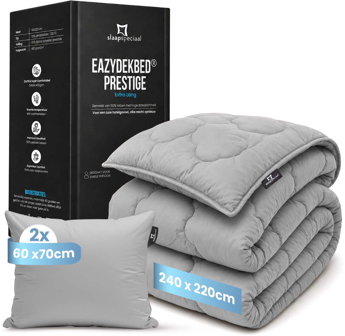 Slaapspeciaal eazydekbed Hotel Prestige - Grijs - 240x220 cm - Wasbaar Dekbed zonder Overtrek - 100% Katoen - Warmteklasse 1 - 400 g/m² - Extra Lang - Inclusief Kussenslopen - Lits Jumeaux Dekbed