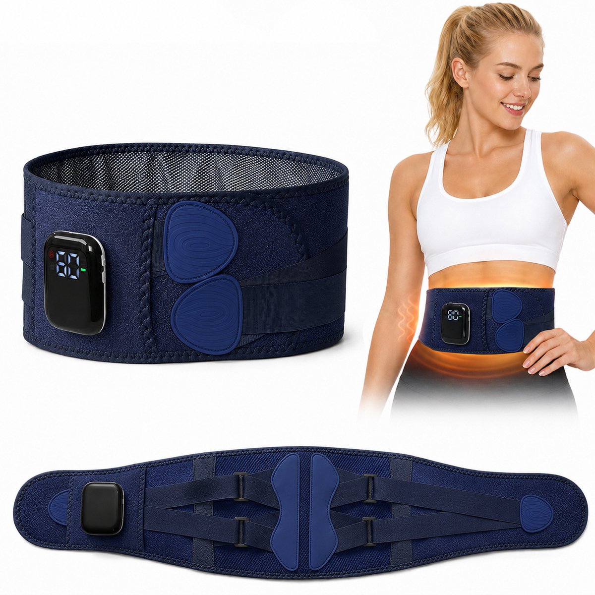 Verwarmde Lendensteun met Rode Infrarood & Massage - Oplaadbaar & Multifunctioneel - voor Rug & Buik - Blauw - 1 Stuk