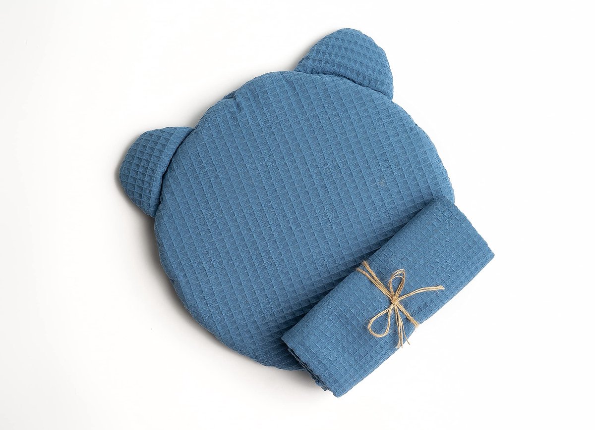 SnelShoppen - Katoenen babydeken met teddybeer kussen, blauw, schattig en multifunctioneel, perfect voor babybedje, kinderwagen, en onderweg