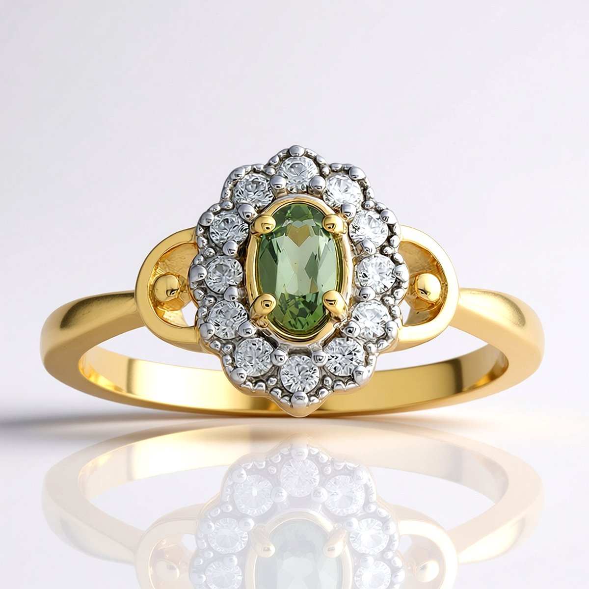 Cavill - Luxe 9 Karaat Geelgouden Ring - Onverhitte Groene Tanzaniet 0,179 ct Ovaal - Ring met Halo Zirkonia 0,224 ct - Elegante Damesring