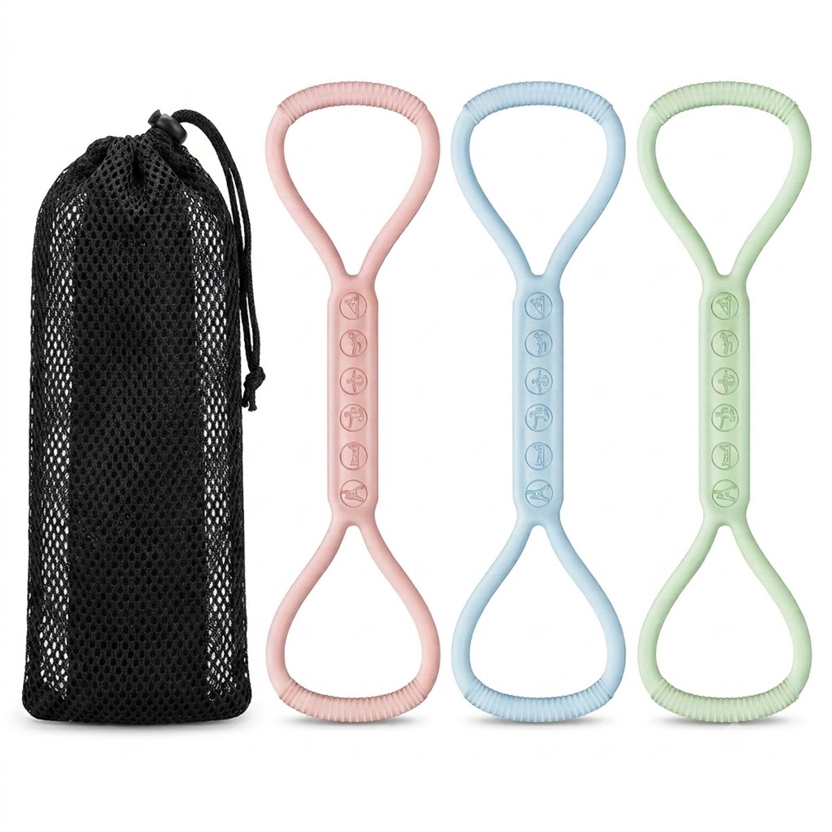 Pastelkleurige pilates weerstandsbanden set van 3 dames heren siliconen fitness banden elastische oefen banden yoga banden niet slip stretch banden voor krachttraining thuis workout inclusief opberg net