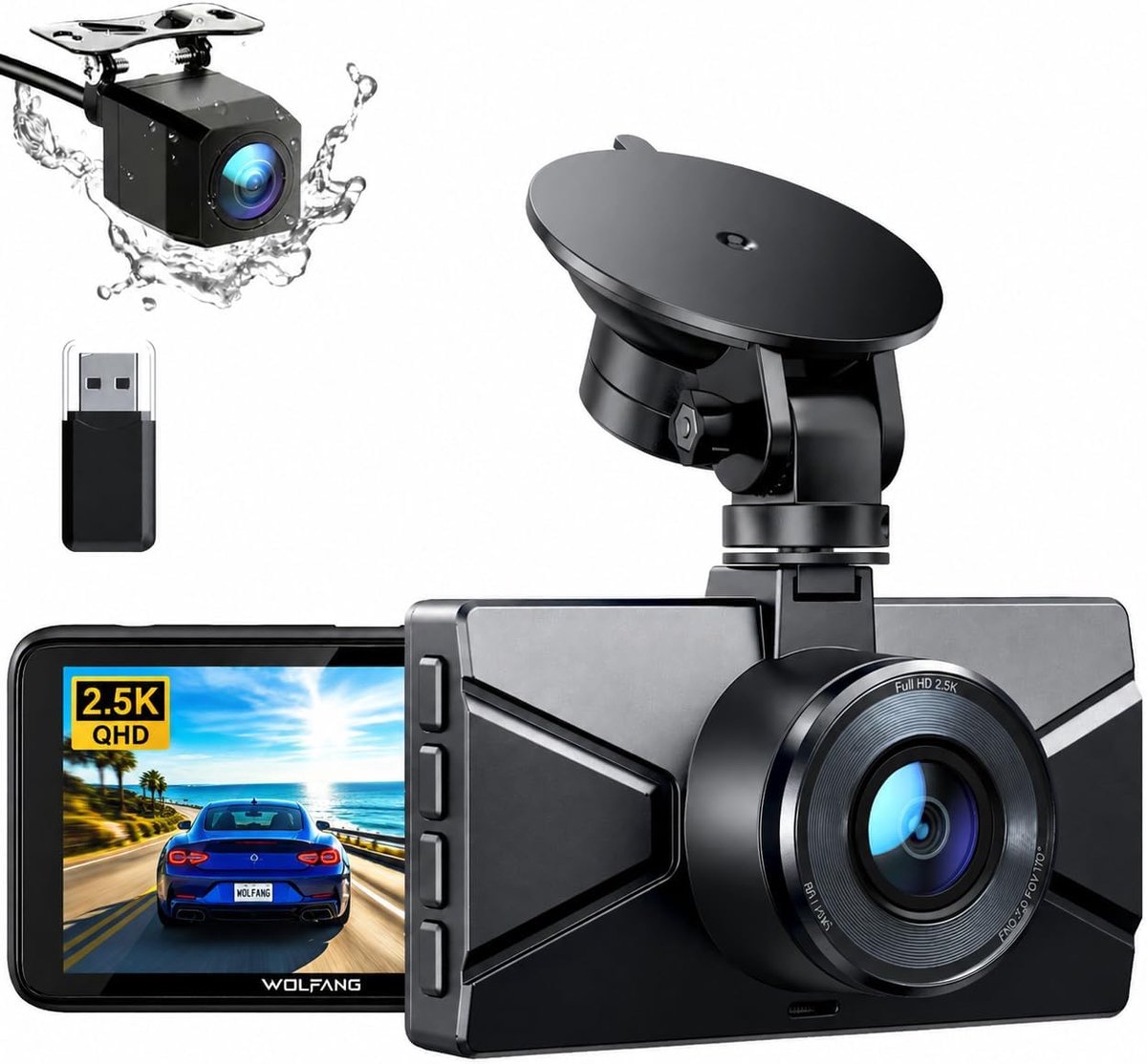 SnelShoppen - Dash Cam 2.5K Voor en Achter Met 3.0" LCD-scherm, Super Nachzicht, Loop Recording, G-sensor, 170° Wide Angle HDR, Parkeerbewaking
