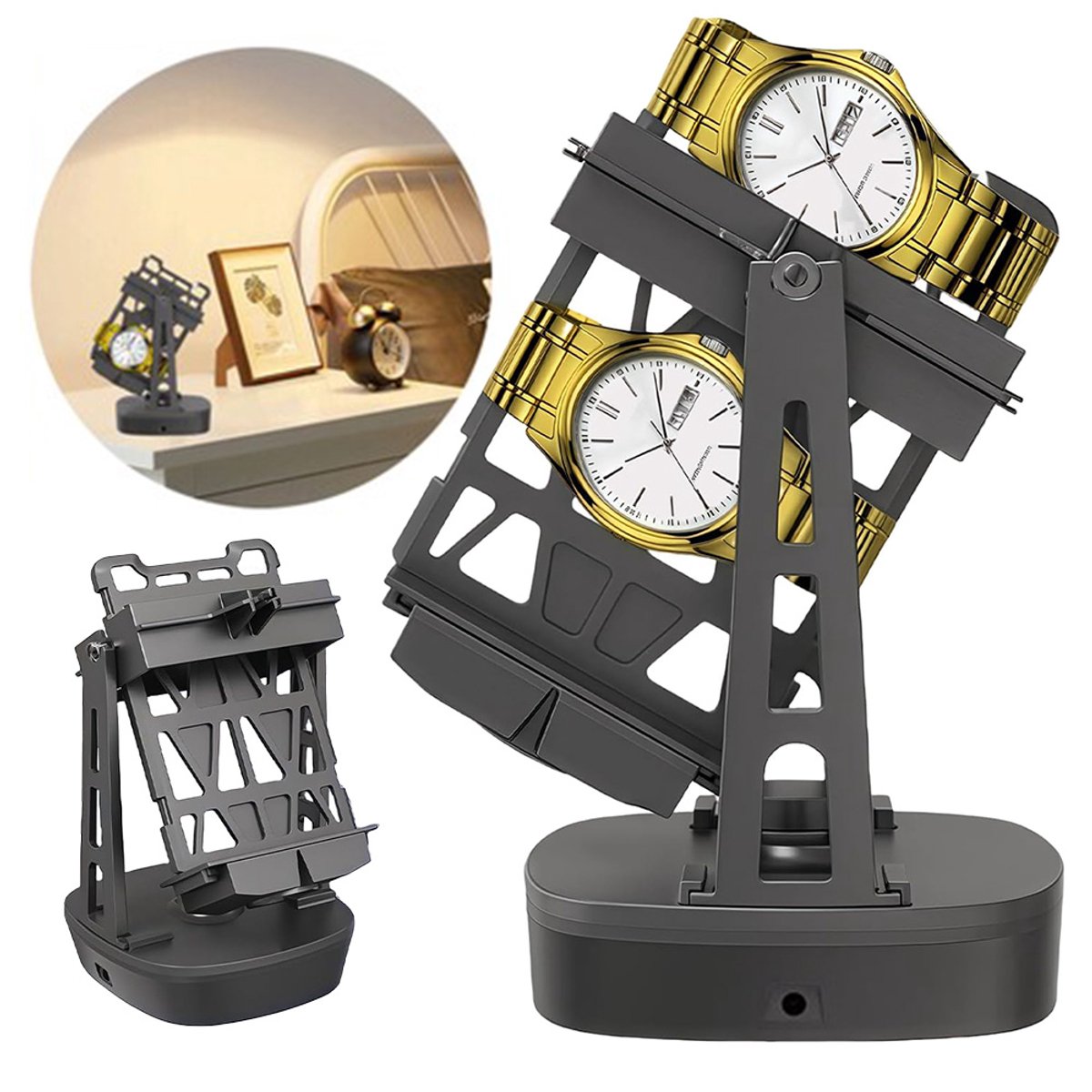 Automatische horlogewinder - Mechanische horlogerotor - Horlogewinder met omkeerfunctie - Automatische horlogewinder voor thuisgebruik - Twee rotatiestanden - Geschikt voor twee horloges tegelijk - ABS-materiaal - Werkt op netstroom - Zwart