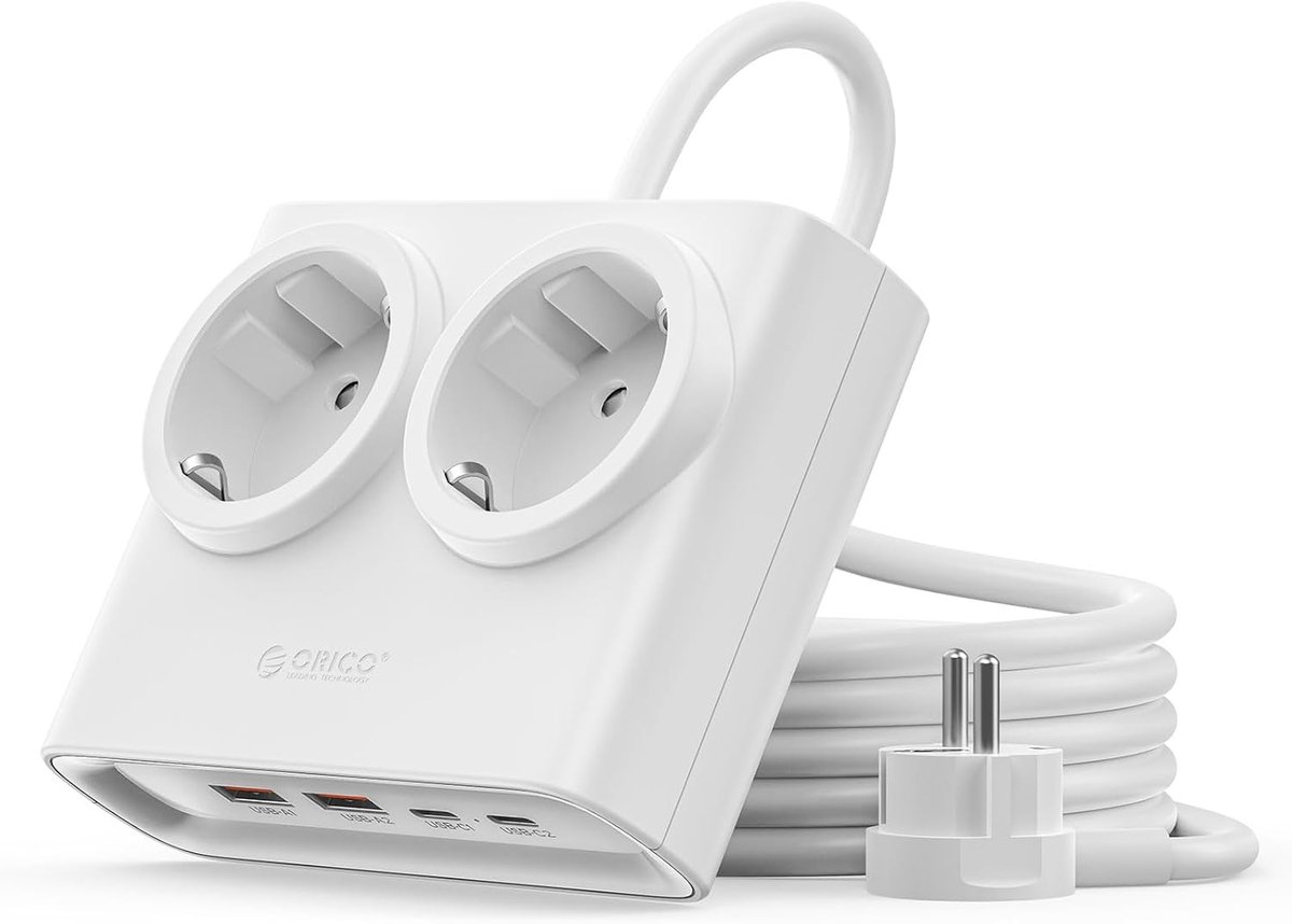 ORICO PDC 15W - Stekkerdoos - GaN stekkerdoos – 6-in-1 platte stekker met stekkerdoos (2 stopcontacten + 4x USB met 2x USB-C PD) – Platte stekker 1,3 cm – 1,6 m kabel – 2500 W – Voor thuis & kantoor