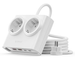 ORICO PDC 15W - Stekkerdoos - GaN stekkerdoos – 6-in-1 platte stekker met stekkerdoos (2 stopcontacten + 4x USB met 2x USB-C PD) – Platte stekker 1,3 cm – 1,6 m kabel – 2500 W – Voor thuis & kantoor