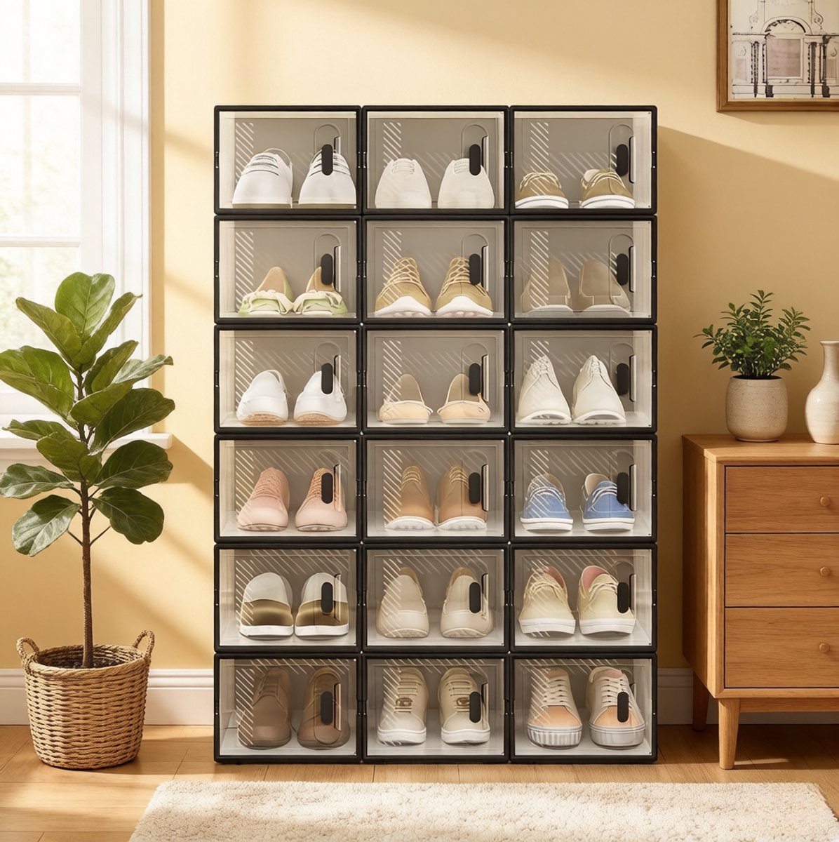 REDOM- Behuizingaccessoire - Schoenbox opbergkast - Stapelbaar modulair ontwerp - Transparant - Zwart - Kunststof - 18-delig - 75 x 35,5 x 111,5 cm