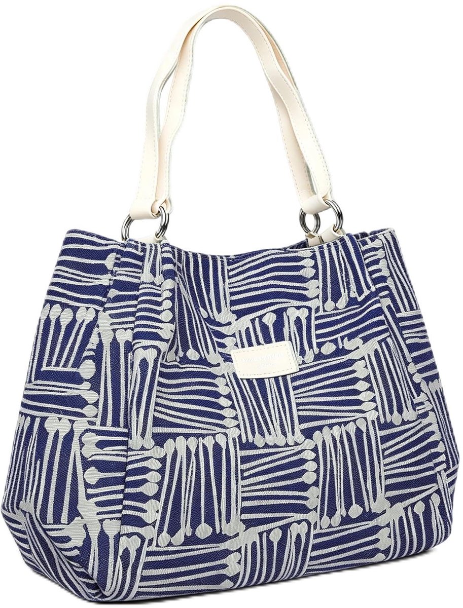 SnelShoppen - HECHKJ Canvas Tas Dames, Schoudertas Stof met Ritssluiting, Blauwe Boodschappentas, Draagbare Handtas voor Winkelen, Pendelen en Vakanti