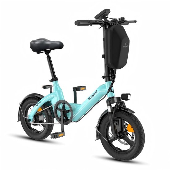 Vélo électrique pliable Bodywel T16 Pro bleu clair avec un sac noir sur le guidon, vue de trois quarts.