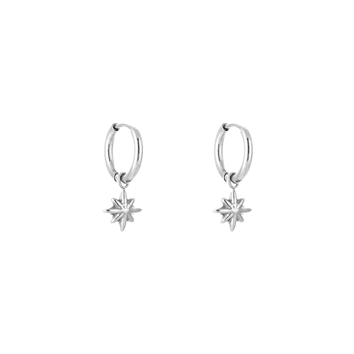 Stainless Steel North Star Charm Huggie Hoops – Luxe Poolster Hanger Oorringen – RVS - Zilver