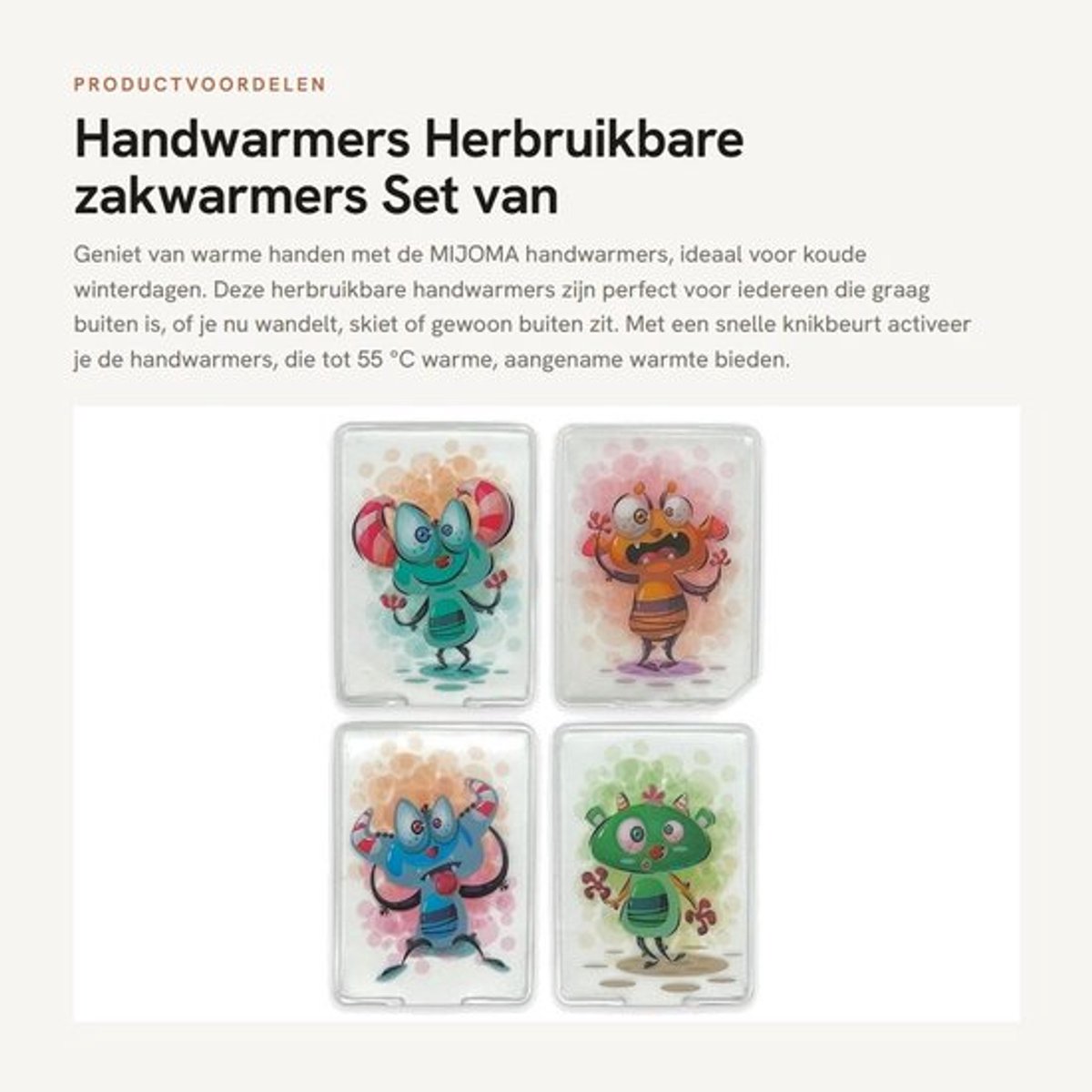 Handwarmers Oplaadbaar - Herbruikbare Handwarmers - Set van 4 - Tot 55 °C Warmte - Huidvriendelijke Kunststof Hoes - Stijlvolle Motieven - Zakwarmers