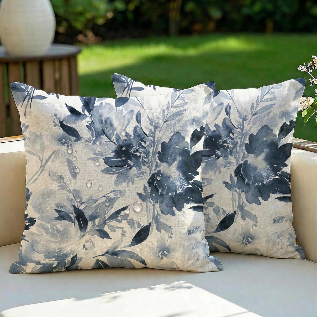 SnelShoppen - Outdoor Kussenhoes 40 x 40 cm Set van 2, Weerbestendig, Decoratieve Kussens, Abstract Retro, Bloemen, Blauw, Polyester, Voor Tuin, Sofa,