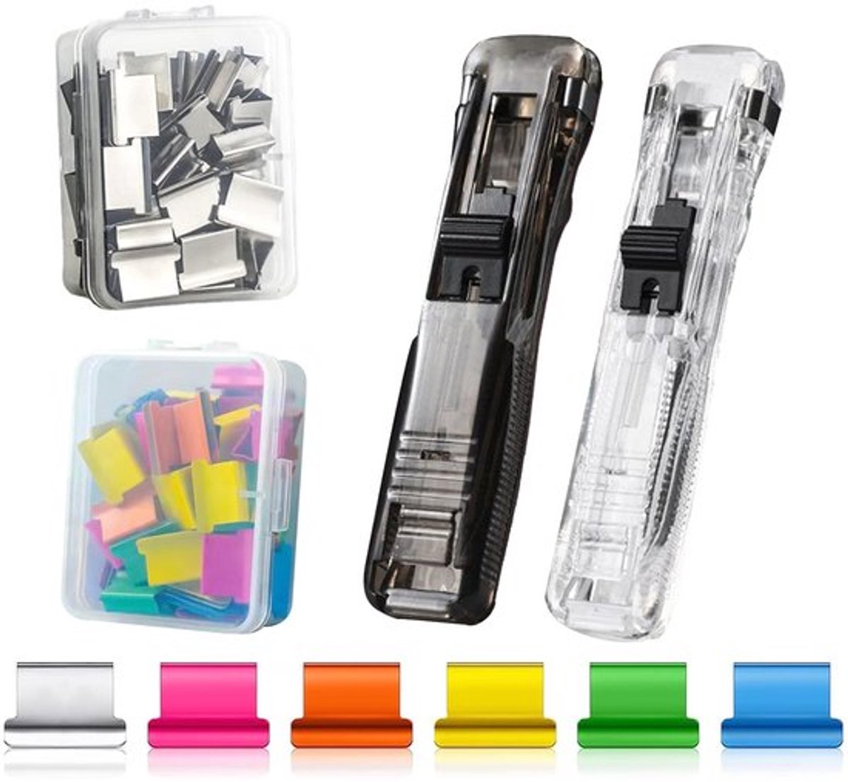 Clam Clip Dispenser, Sluitclips, nietmachine met 100 stuks klemclip, knijperdispenser, draagbare Fast Clam Clipdispenser, geschikt voor kantoor, thuis, schoolbenodigdheden, push nietmachine
