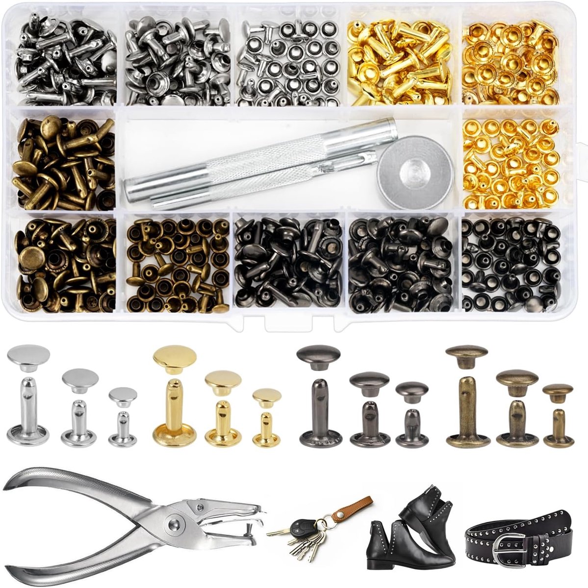 SnelShoppen - Leer Rivet Set 180 Stuks, Metalen Rivets (12mm, 8mm, 6mm) | Dubbele Kop met Rivet Tang, Gaatjes Tang, Holle Rivets voor Leer en Kleding,