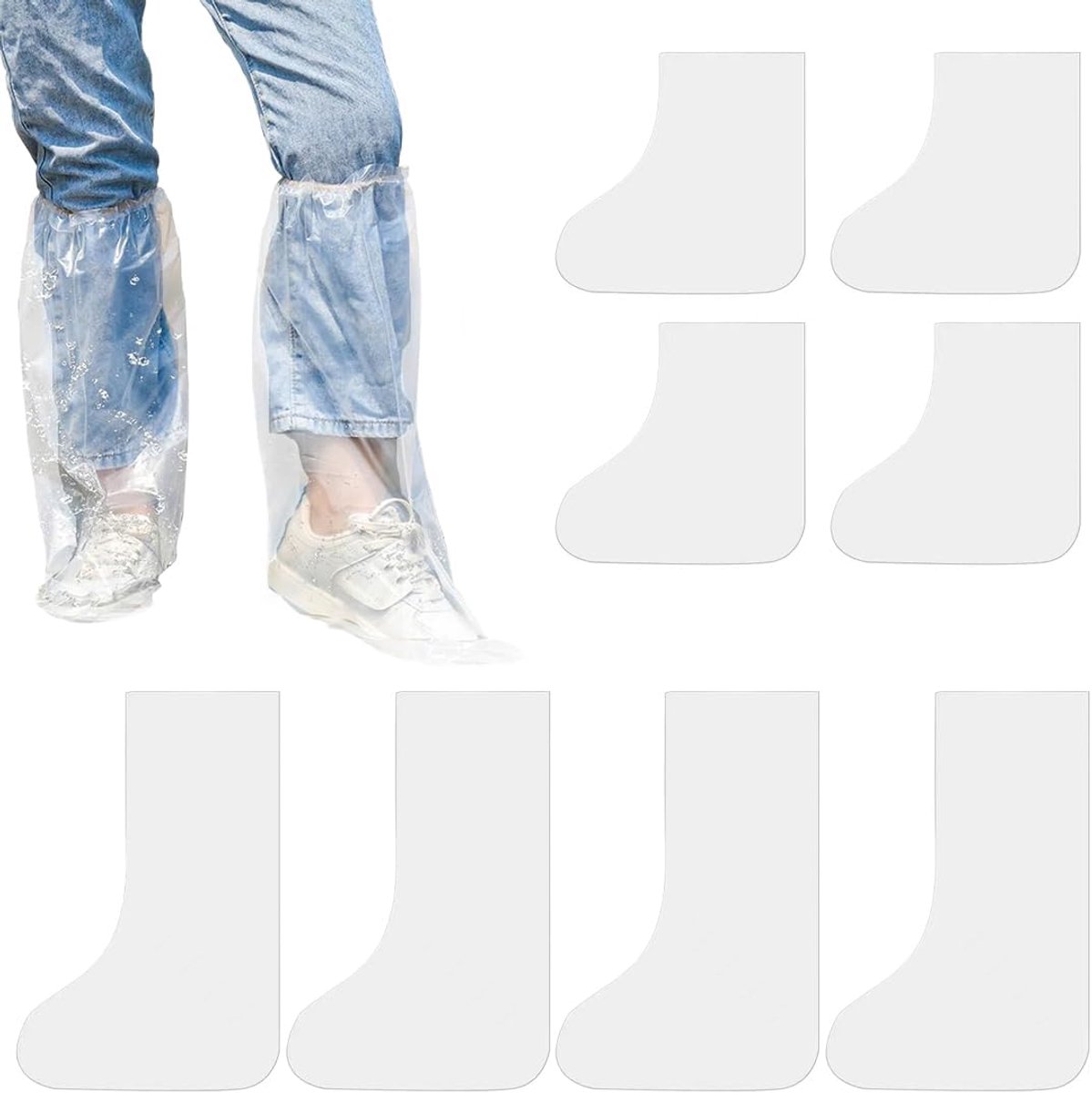 SnelShoppen - Pack van 8 Wegwerp Schoencovers Waterdicht - Transparante Plastic Overschoenen - Antislip voor Regenachtige Dagen - 4 Lange (39x50 cm) e