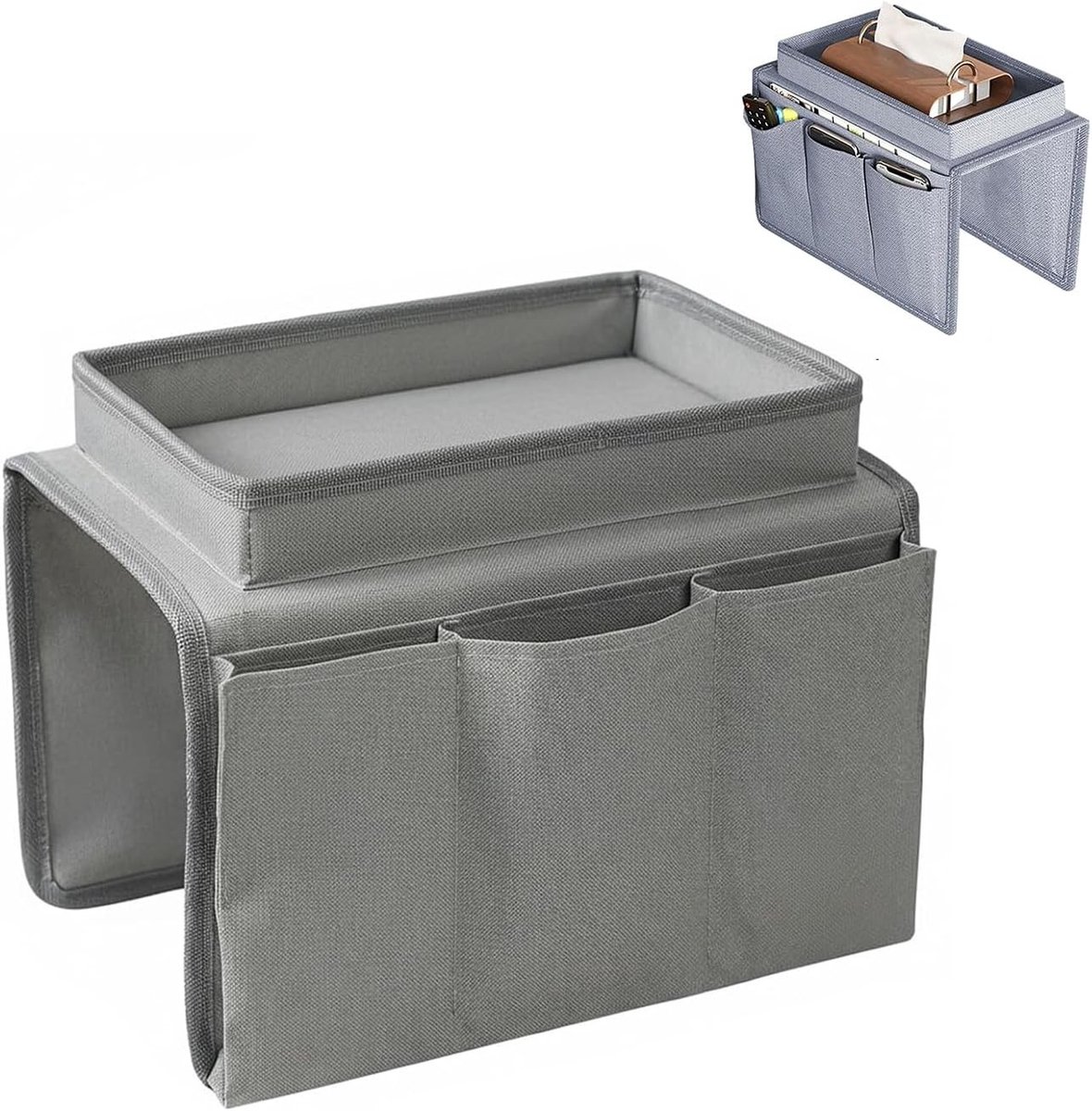 Armsteun dienblad voor bank - multifunctionele organizer voor boeken, tijdschriften, afstandsbedieningen en snacks in grijs Oxford-stof