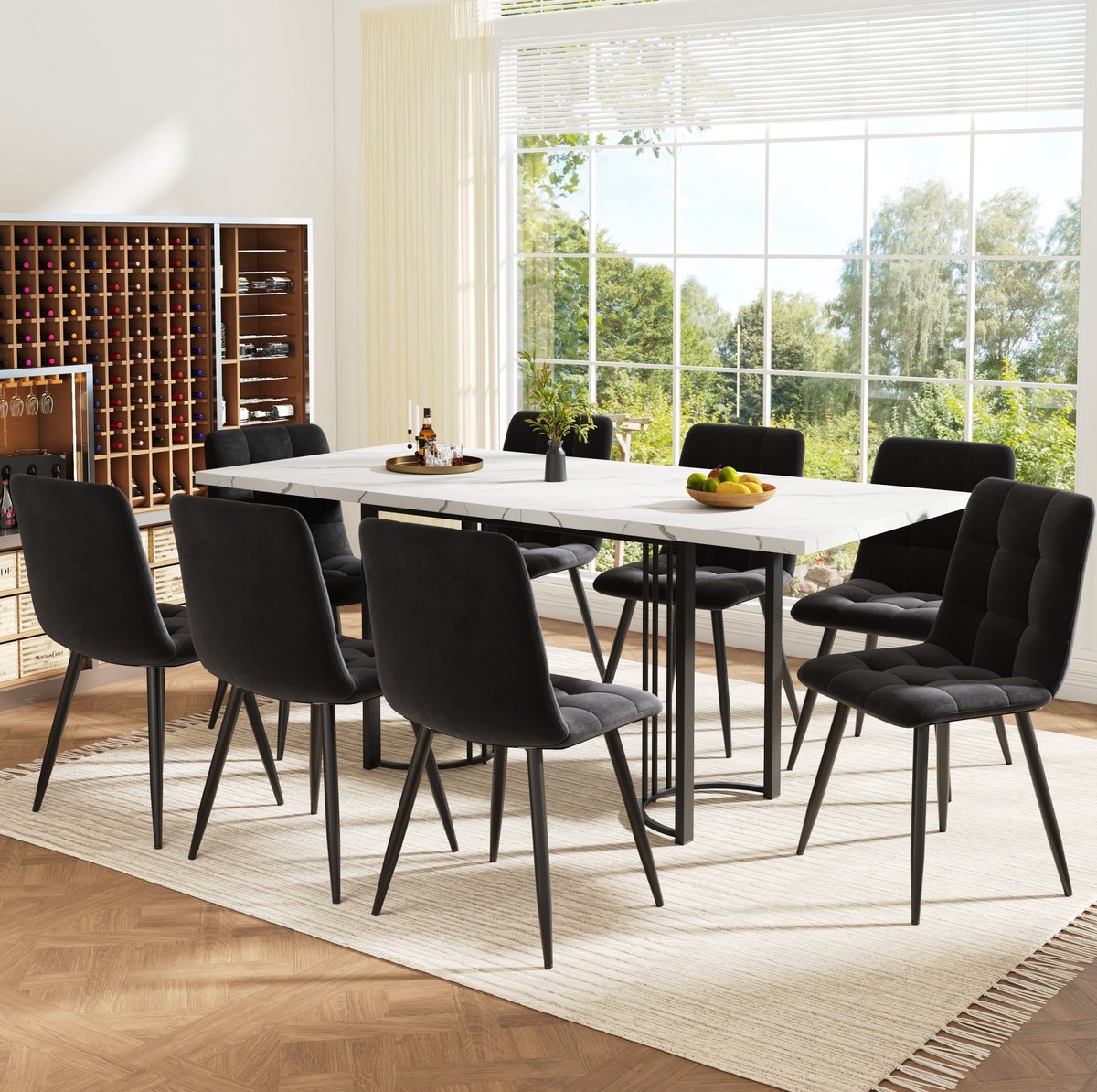 MEUNIQ Eetkamerset met uitschuifbare eettafel 140-179,5 x 80 cm en 8 fluwelen stoelen, rechthoekige tafel met metalen kruisframe voor eetkamer of keuken, zwart en wit