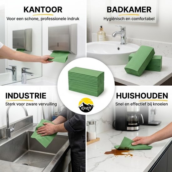 Groene papieren handdoekjes in een keuken, badkamer, kantoor en industriële omgeving. De handdoekjes worden gebruikt.