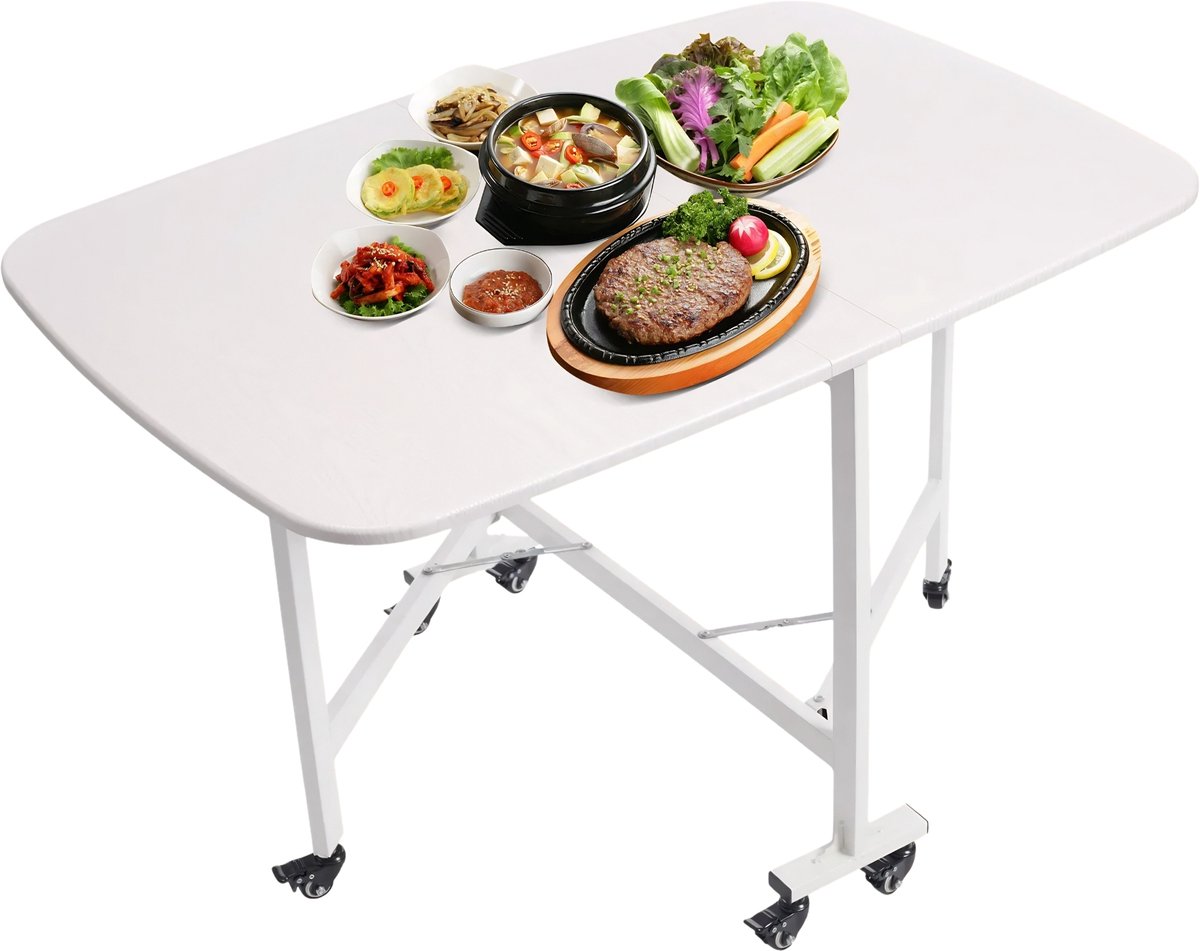 Happiq Drievoudig Opvouwbare Eettafel met Wielen – Multifunctionele Houten Klaptafel met Uitklapbare Bladen voor Woonkamer en Keuken – Wit Houtnerf White