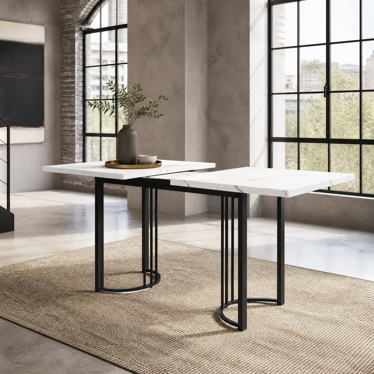 MEUNIQ uitschuifbare eettafel 140-179,5 x 80 x 75,5 cm rechthoekig, marmerlook MDF, zwart metalen onderstel, voor eetkamer en woonkamer