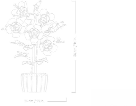Grijze lijntekening van LEGO hibiscussen in een pot met afmetingen.