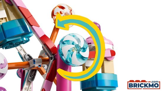 Close-up van het draaiende blauwe wiel van het LEGO Friends snoep reuzenrad.