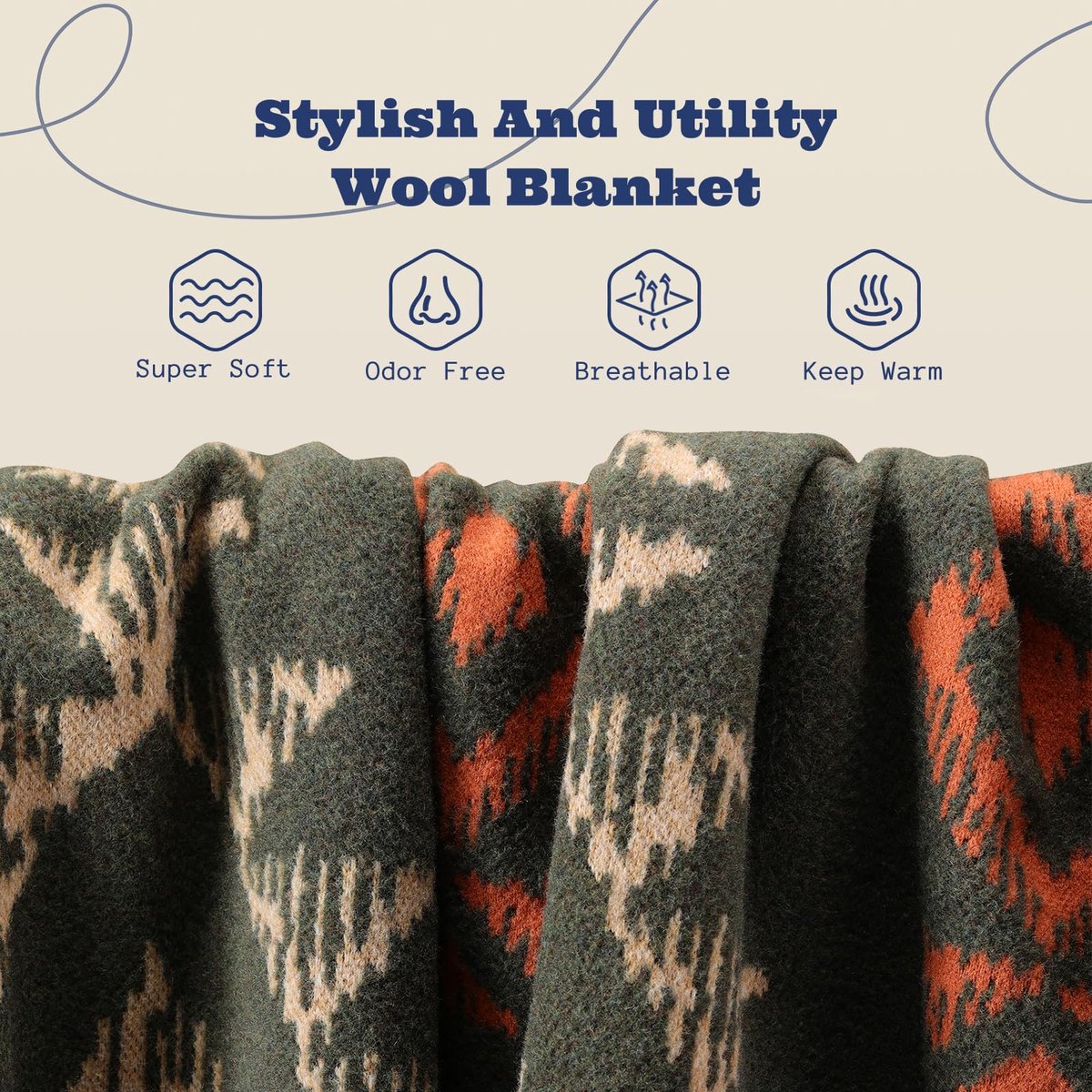 SnelShoppen - Merino Wollen Deken - Dikke Grote Warme Wasbare Woondeken 160x200cm - Navajo Stijl Groen - Ideaal voor Slaapbank, Buiten, Picknick, Reiz