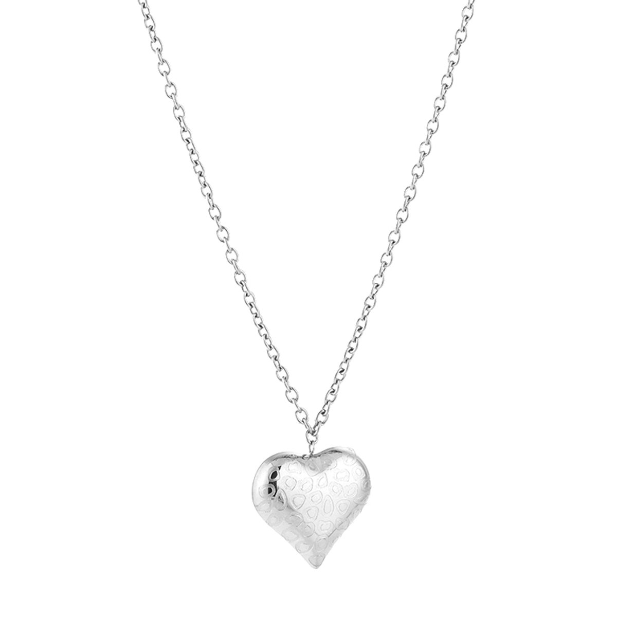 Lange Dames Halsketting 80 cm - Schakelketting met Puffy Hart Hanger & Luipaardprint - Zilver