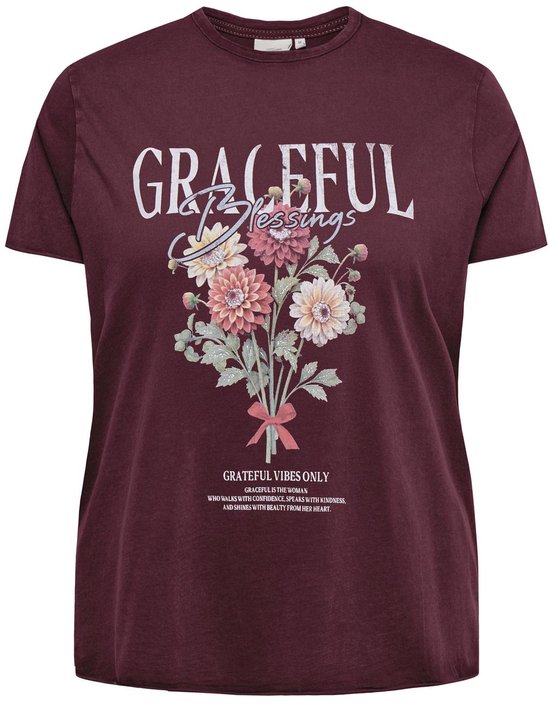 Bordeauxrode T-shirt met korte mouwen, met tekst 'GRACEFUL BLESSINGS' en bloemenprint.