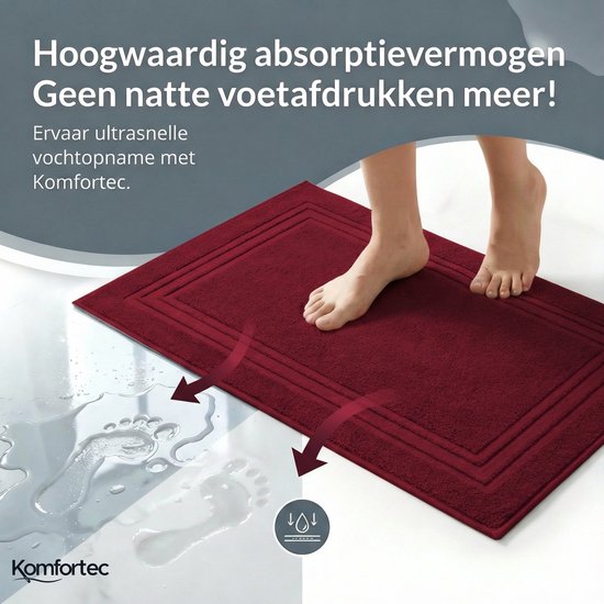 Een bordeauxrode badmat absorbeert water direct, voorkomt natte voetafdrukken op de vloer. Pijlen tonen absorptie.
