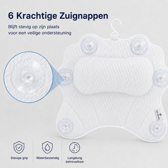 Wit badkussen met zes zuignappen en logo RS Goods.