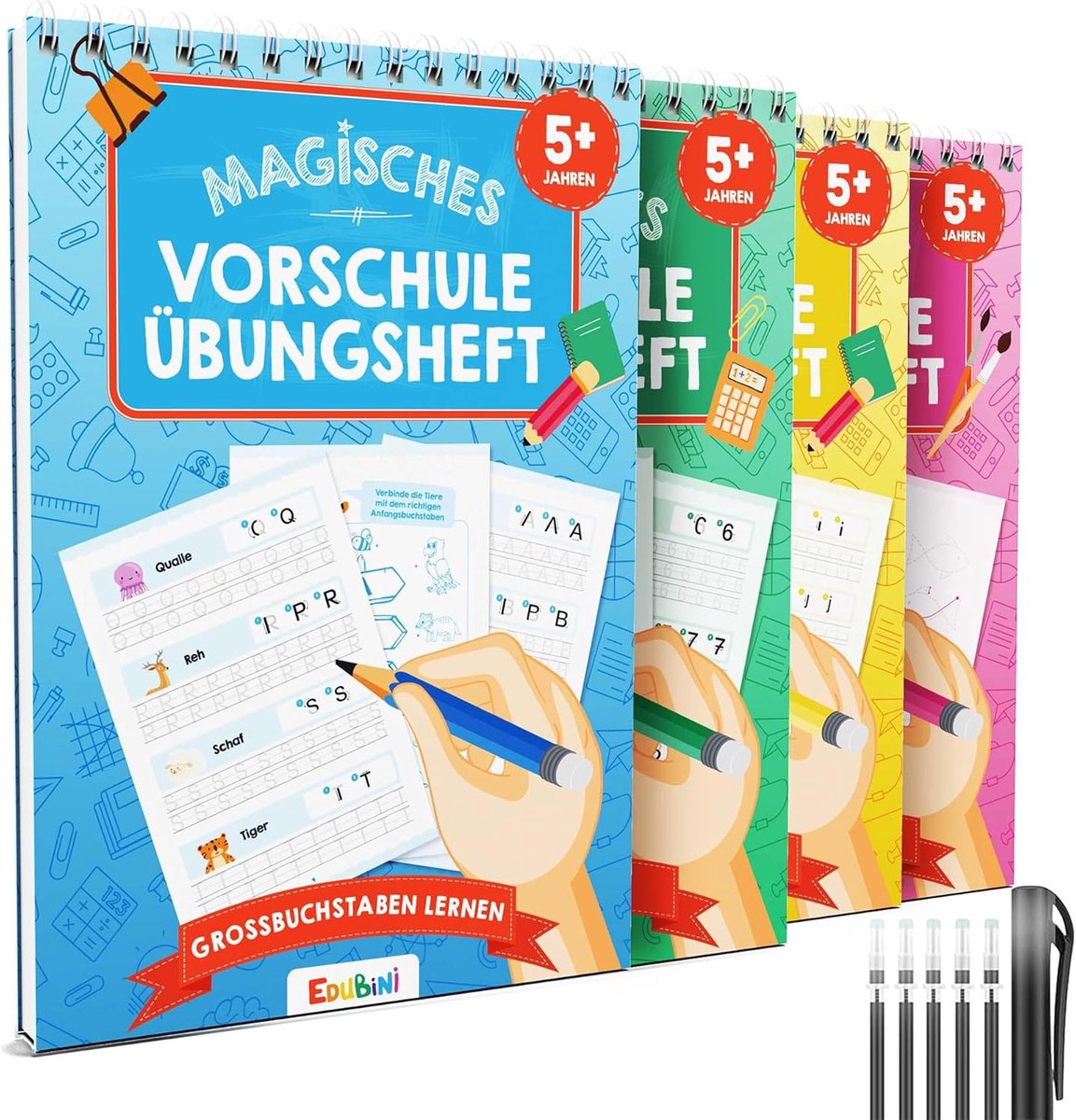 SnelShoppen - Edubini Magische Kleuterschool Oefenschriften voor Kinderen - 4 Herbruikbare Schrijfschriften met Pen - Leren Letters en Schrijven - Per