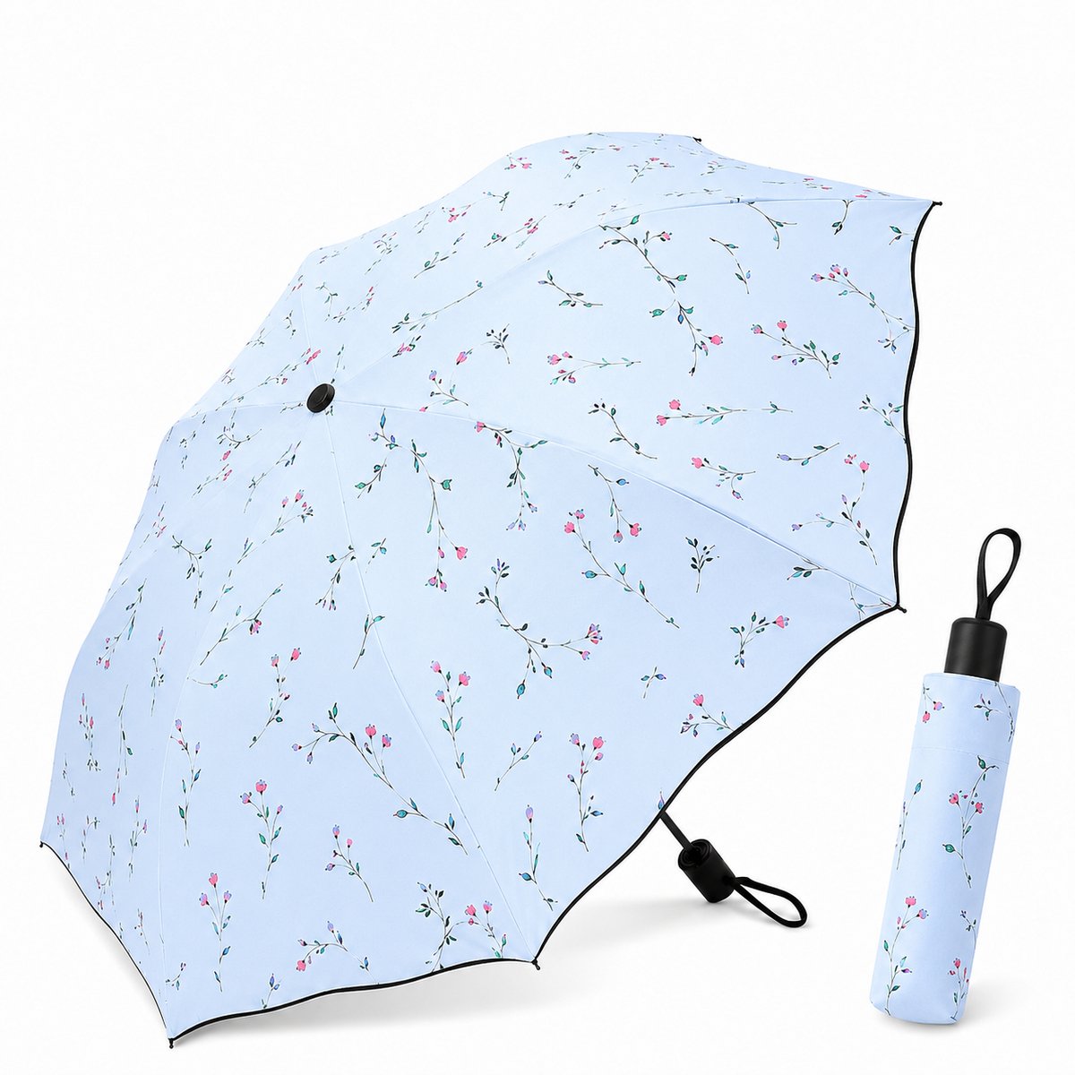 Opvouwbare Parasol met UV-bescherming 50+ - Lichtgewicht Zonnescherm met Elegant Bloemenpatroon - Compacte UV-Paraplu voor Dames - Lichtblauw