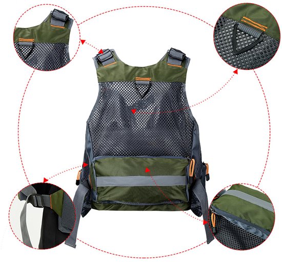 Reddingsvest voor vissen vanaf de rotsen - Reddingsvest voor volwassenen - Geschikt voor kajakken en vissen - Meerdere zakken - 55 * 46 cm - Afneembaar - Polyester + EPE-schuim - Groen — afbeelding 4