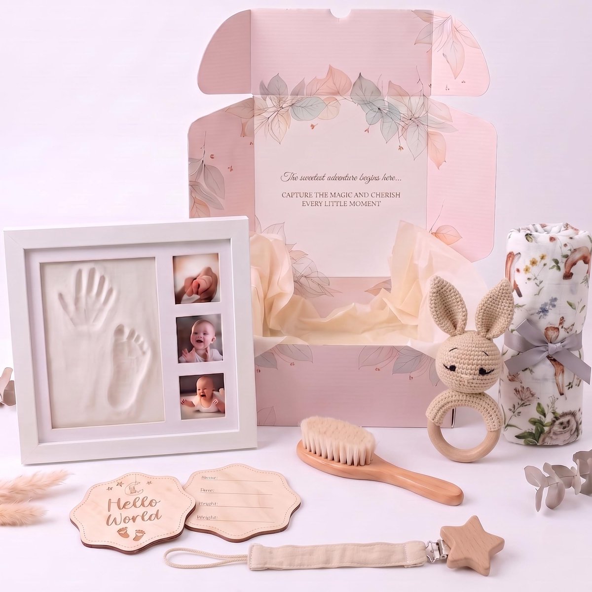 SnelShoppen - LUMS Babymand voor Pasgeborenen, 6-delige Cadeauset met Bamboedeken, Voetafdrukframe, Rammelaar, Kam, Fopspeenhouder en Kaart, Uniseks v