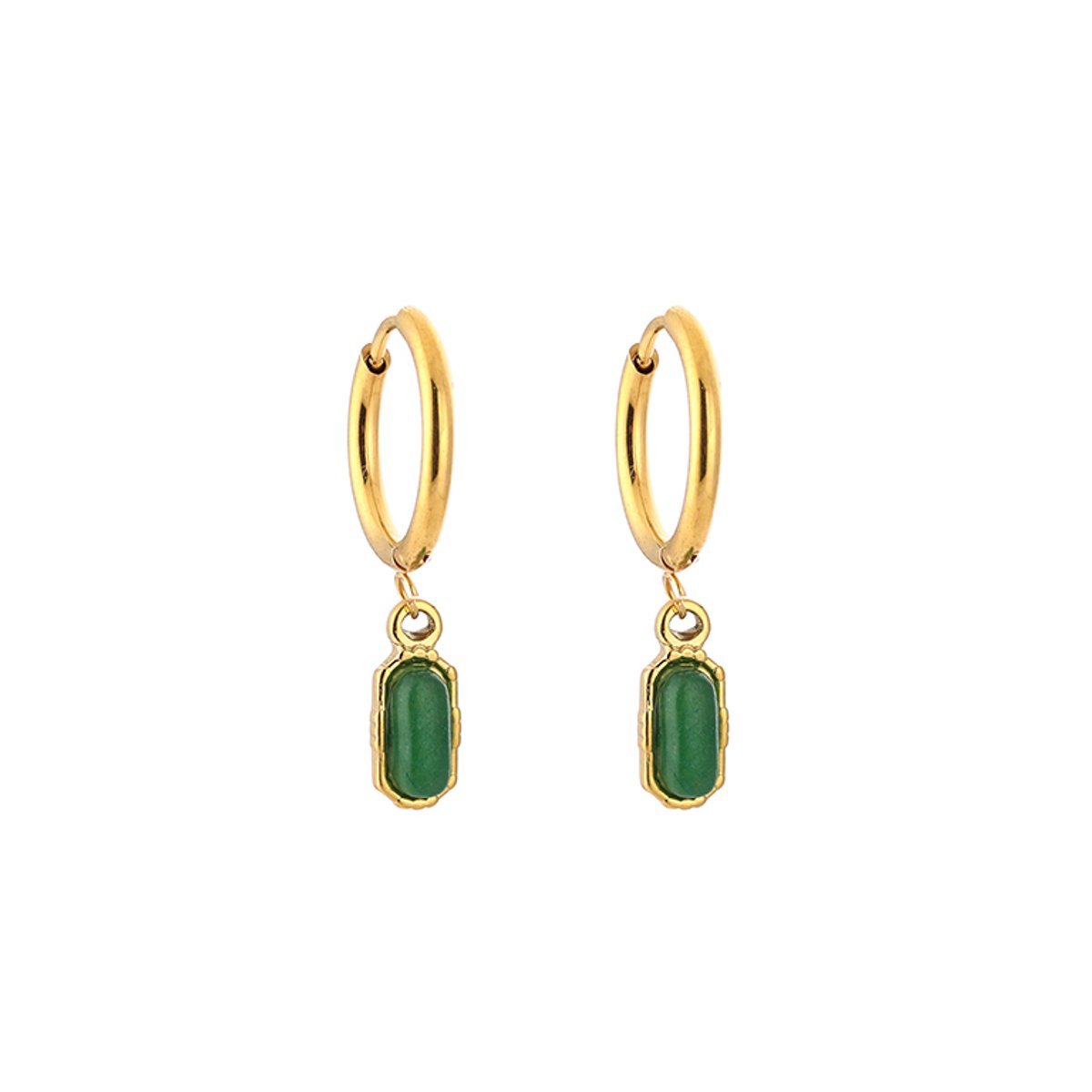 Stainless Steel Boho Natural Stone Charm Hoops – Luxe Boho Natuursteen Oorringen – RVS - Groen